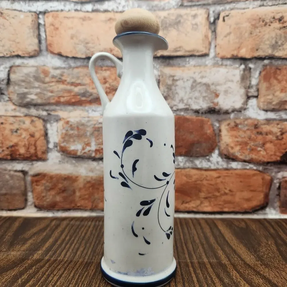 Hand Painted Italian Tuscany Olive Oil Cruet Bottle Cork Bird Pottery 8.5